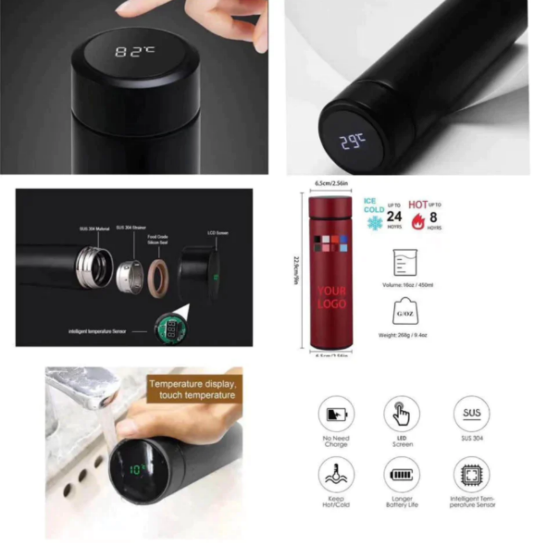 Personalized Black Temperature Bottle with Smart Display