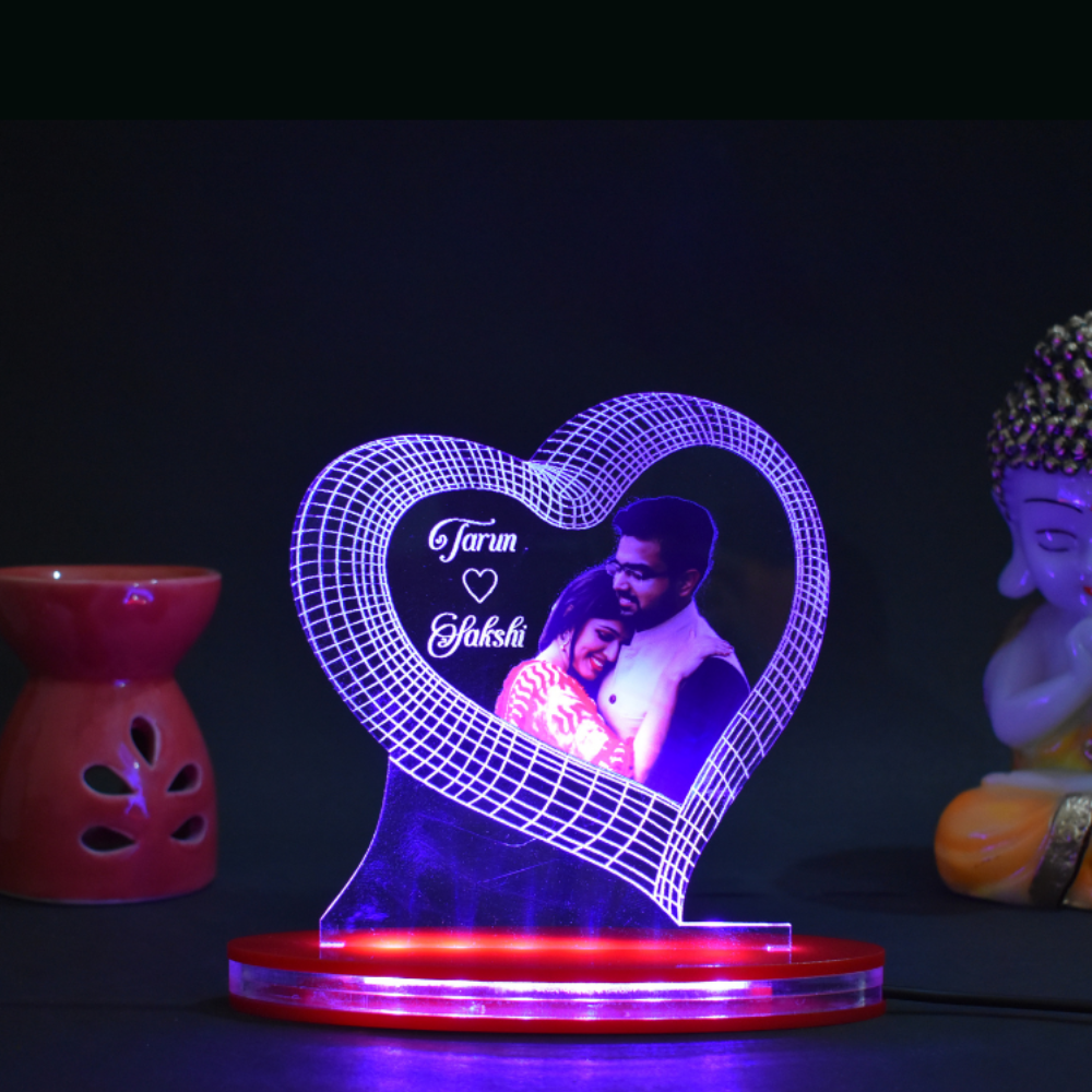 Personalized LED Illusion Heart Couple Lamp With Name and Photo (16 Color Changing led With Remote)
