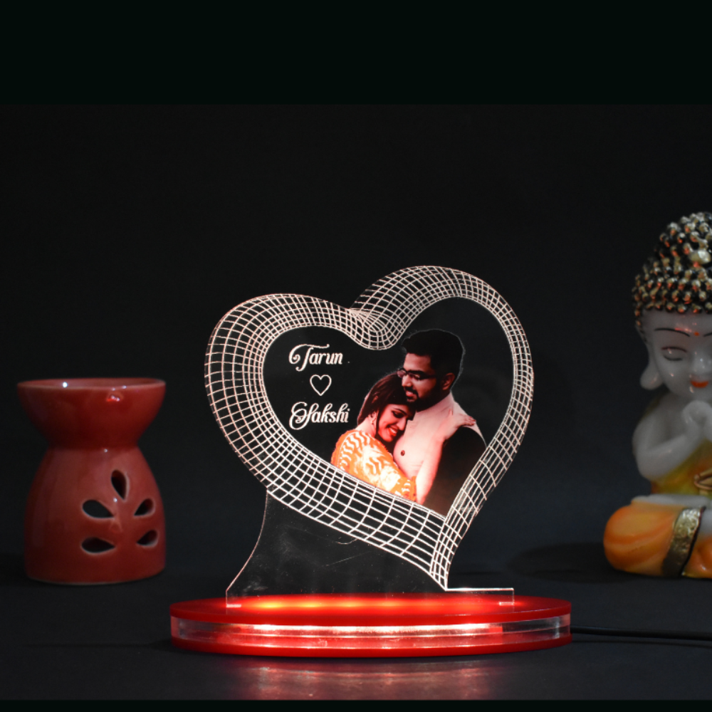 Personalized LED Illusion Heart Couple Lamp With Name and Photo (16 Color Changing led With Remote)