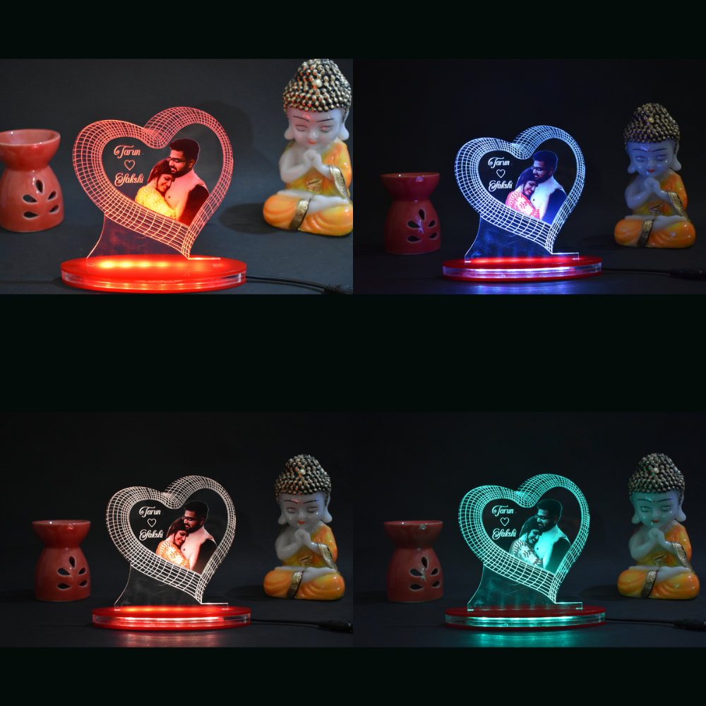 Personalized LED Illusion Heart Couple Lamp With Name and Photo (16 Color Changing led With Remote)
