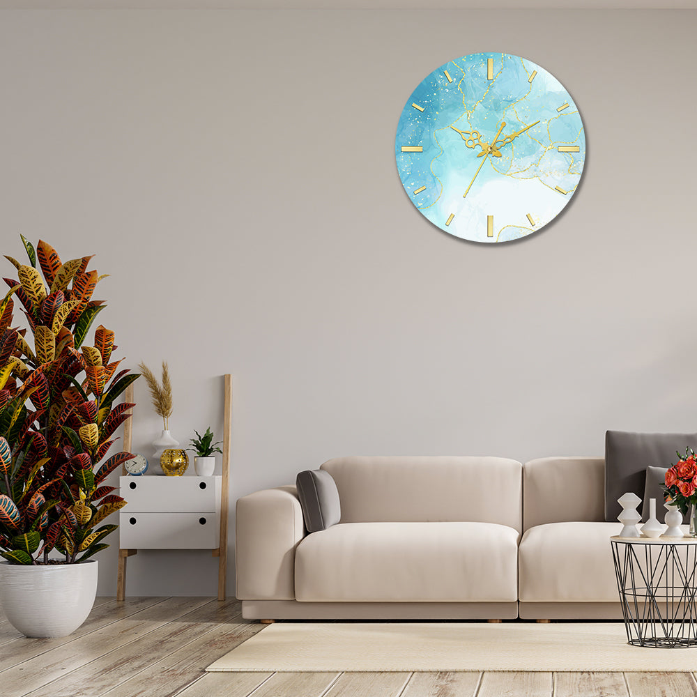 Sky Blue and White with Golden Splash Acrylic Wall Clock