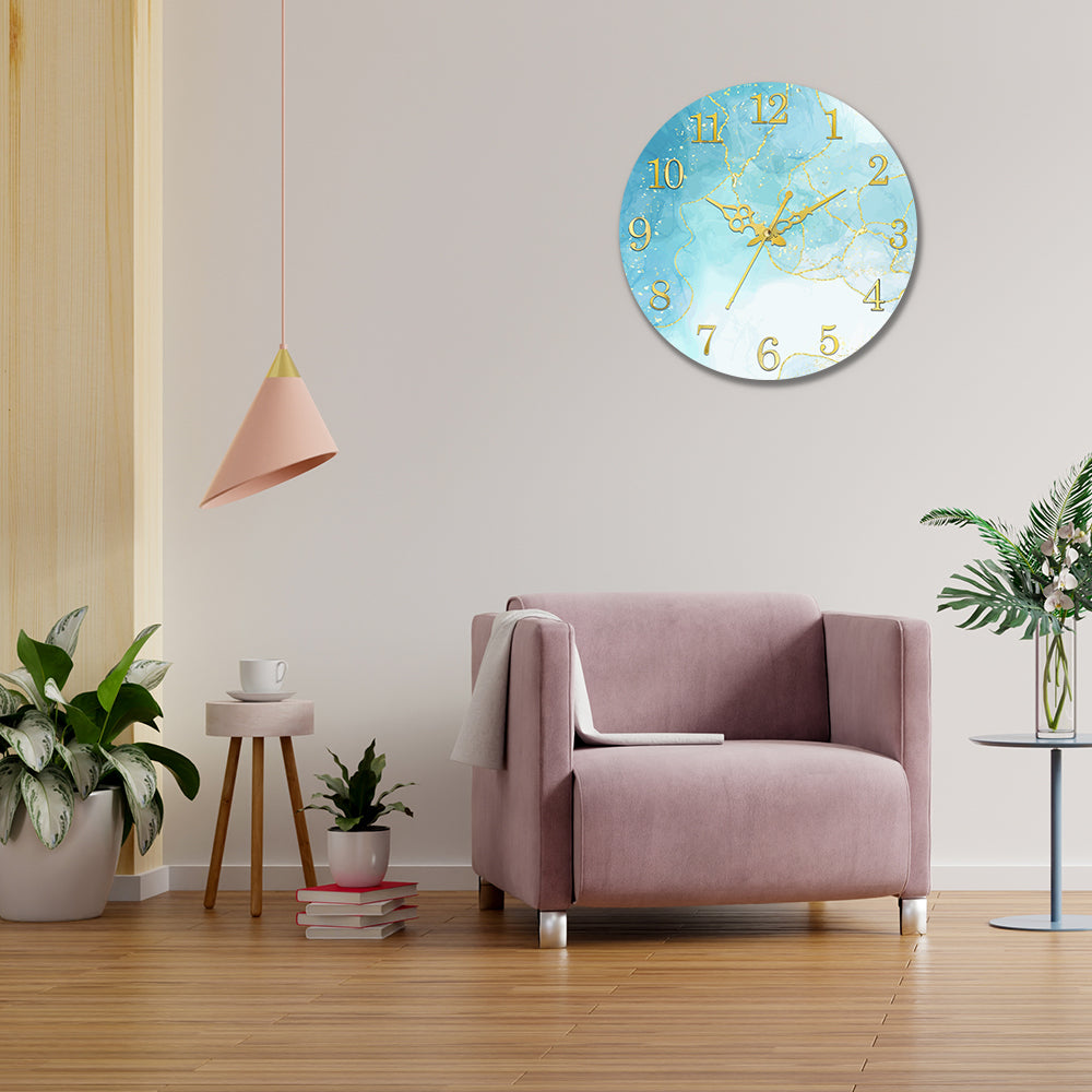 Sky Blue and White with Golden Splash Acrylic Wall Clock