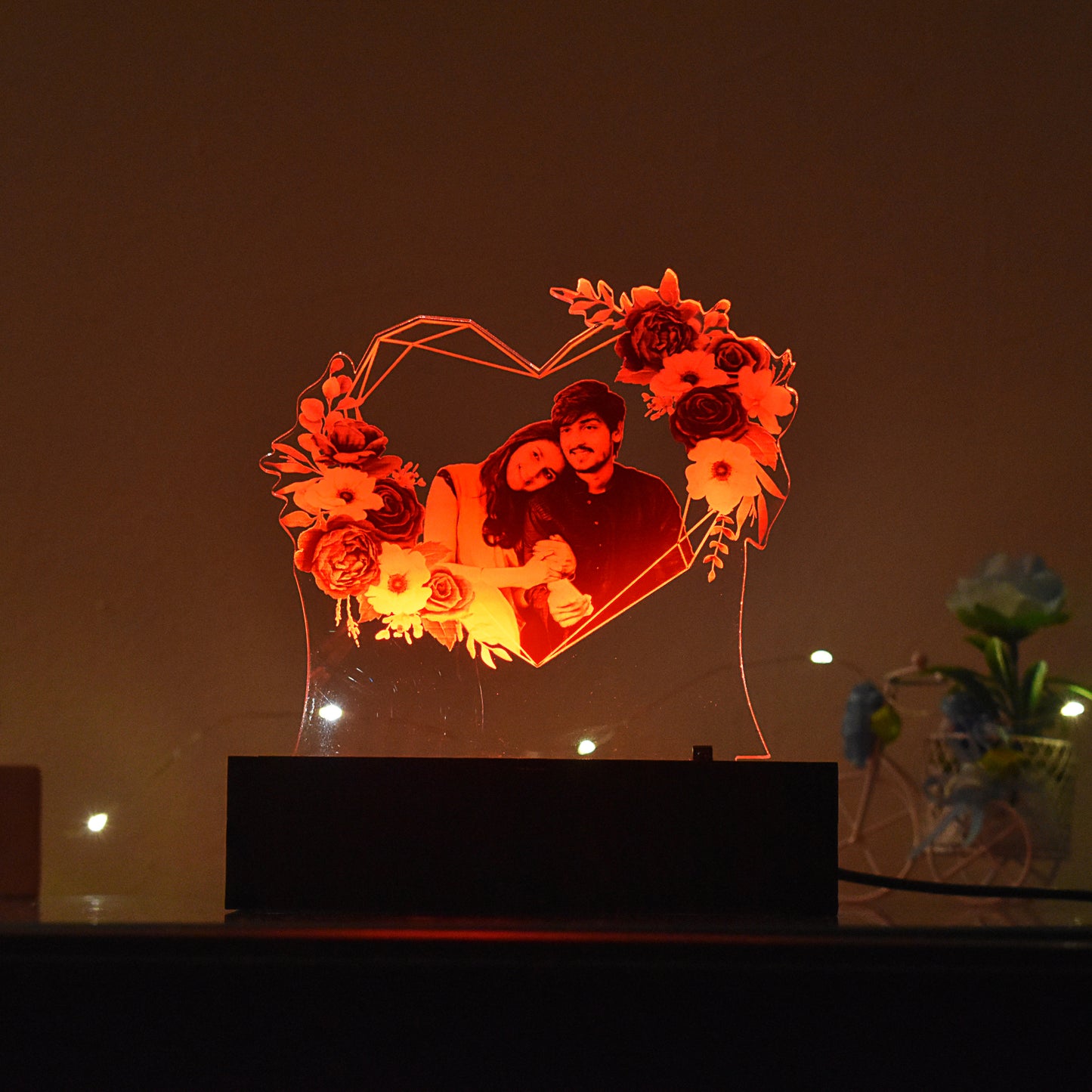 Personalized LED Illusion Couple Heart Floral Lamp With Photo (16 Color Changing led With Remote)