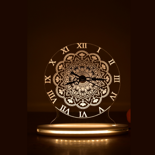 Lotus Mandala Art Clock 3D Acrylic Lamp