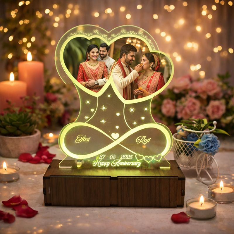 Personalized LED Illusion Anniversary/Birthday Twin hearts Lamp With Photo and Name (16 Color Changing led With Remote)