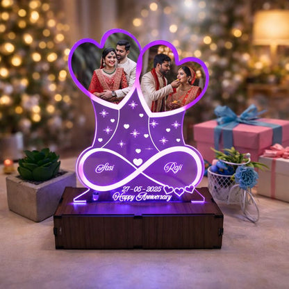 Personalized LED Illusion Anniversary/Birthday Twin hearts Lamp With Photo and Name (16 Color Changing led With Remote)
