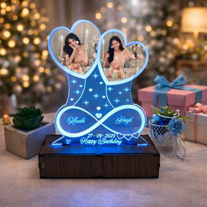 Personalized LED Illusion Anniversary/Birthday Twin hearts Lamp With Photo and Name (16 Color Changing led With Remote)