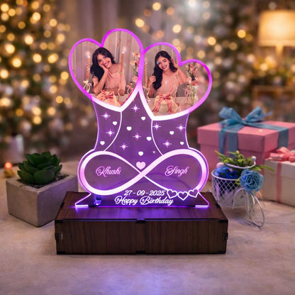Personalized LED Illusion Anniversary/Birthday Twin hearts Lamp With Photo and Name (16 Color Changing led With Remote)