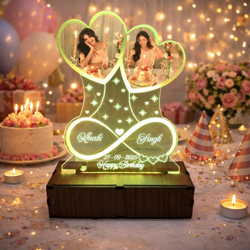 Personalized LED Illusion Anniversary/Birthday Twin hearts Lamp With Photo and Name (16 Color Changing led With Remote)