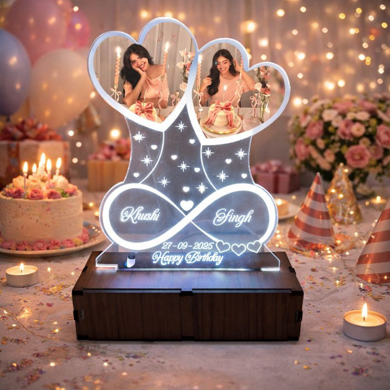 Personalized LED Illusion Anniversary/Birthday Twin hearts Lamp With Photo and Name (16 Color Changing led With Remote)