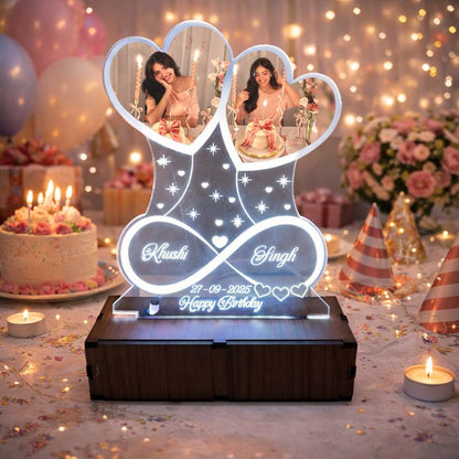 Personalized LED Illusion Anniversary/Birthday Twin hearts Lamp With Photo and Name (16 Color Changing led With Remote)