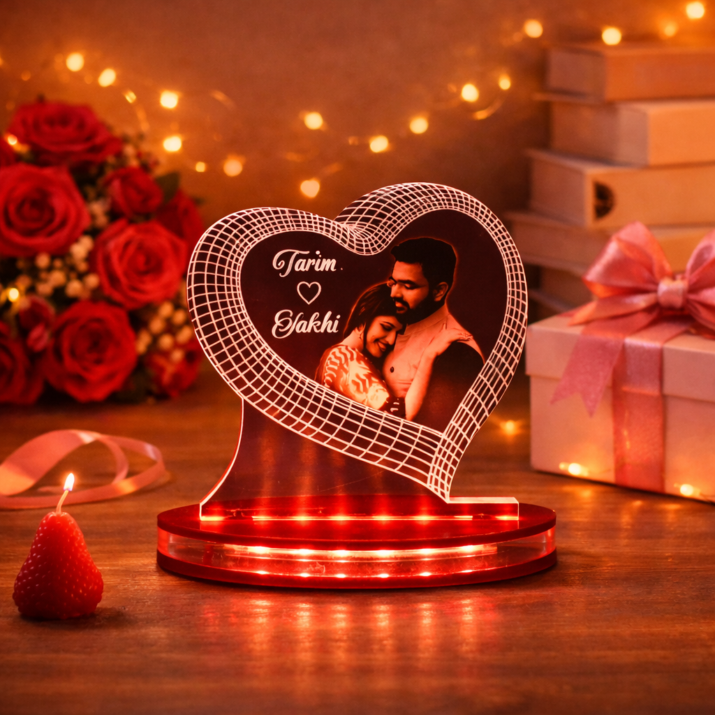 Personalized LED Illusion Heart Couple Lamp With Name and Photo (16 Color Changing led With Remote)