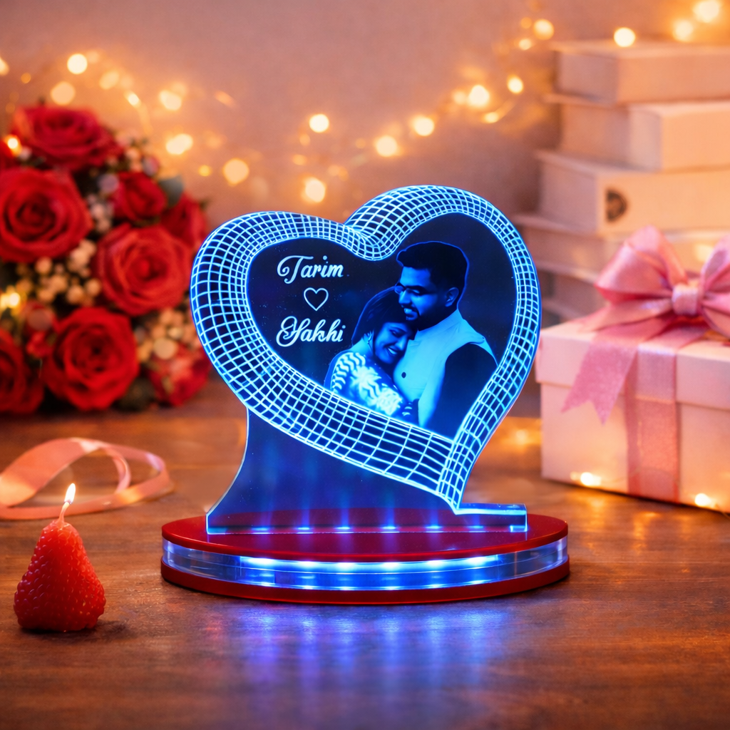 Personalized LED Illusion Heart Couple Lamp With Name and Photo (16 Color Changing led With Remote)