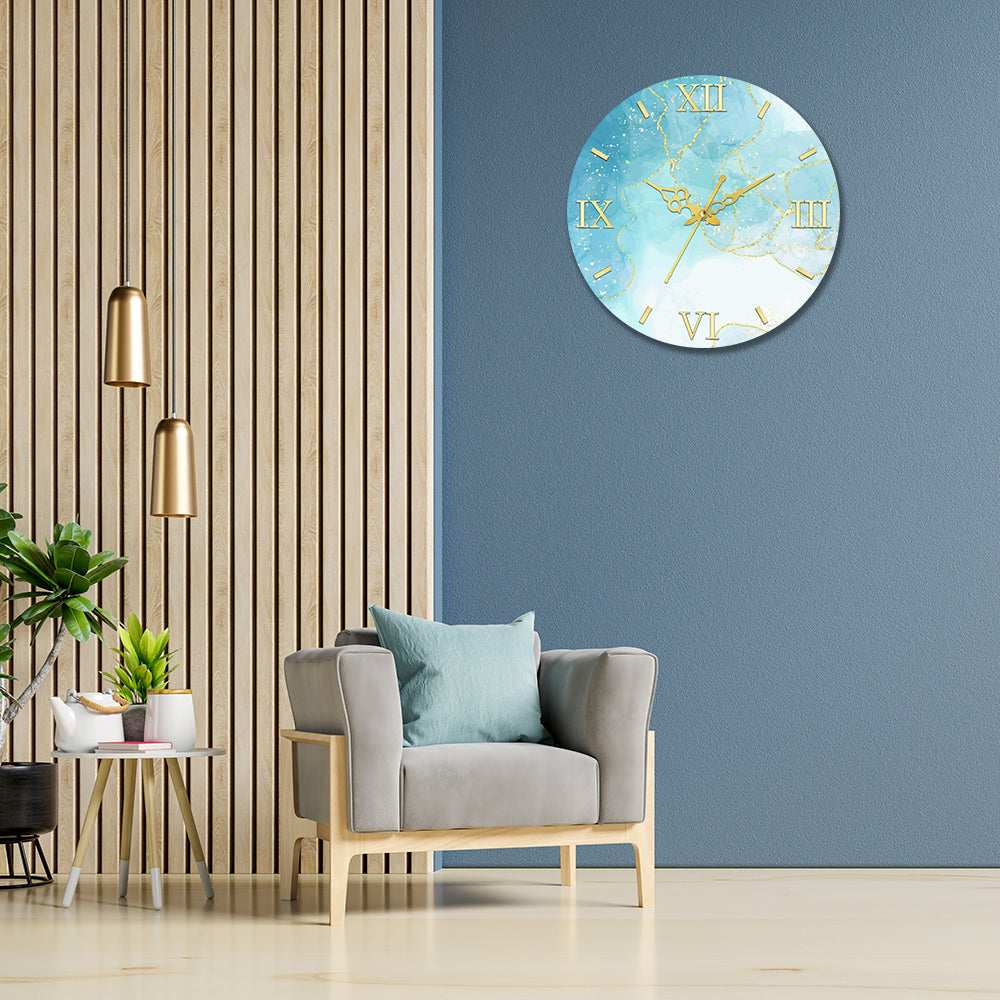 Sky Blue and White with Golden Splash Acrylic Wall Clock
